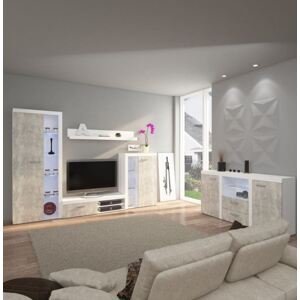 Velká obývací stěna s komodou, model Pires beton/bílá